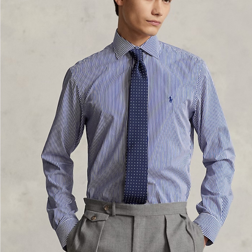 Ralph Lauren Navy and White Striped Long Sleeve Dress Shirt 17/43 Burgundy‎ Pony